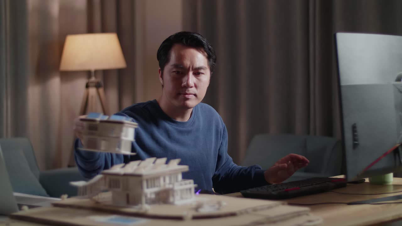 건축가 가 모형 집 설계 를 검토 하고 있다