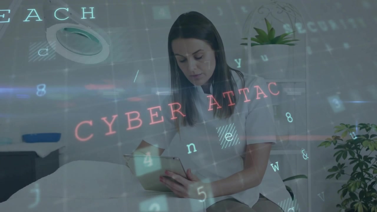 Woman Using Tablet with Digital Cybersecurity Warning Overlay