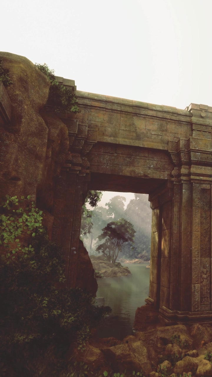 Antico arco in pietra si erge maestoso vicino a uno specchio d'acqua sereno