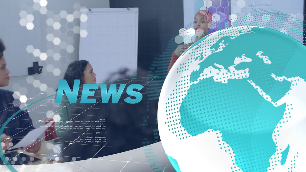Animación de noticias sobre personas diversas en un entorno de oficina con globo digital