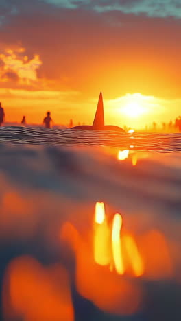 beach sunset with silhouettes. warm sunlight reflects off the water as people gather along the shore, enjoying a summer evening at the beach.