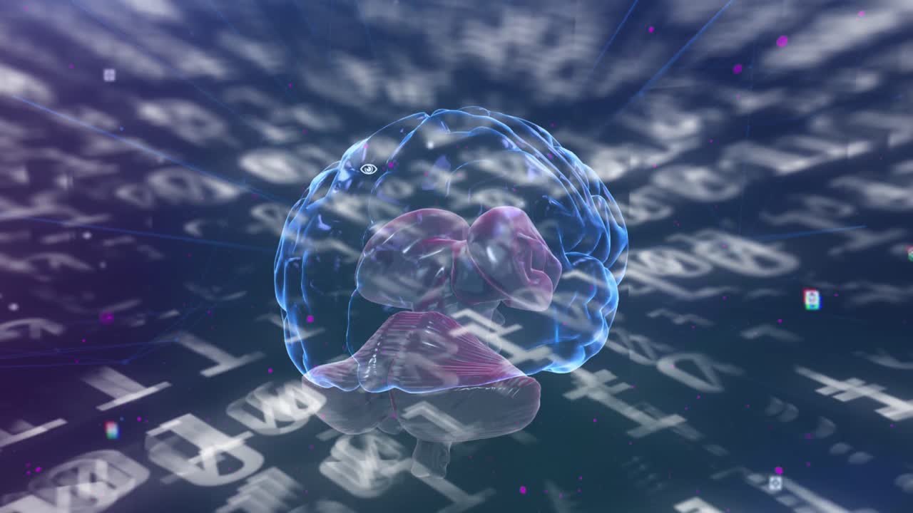 인간의 뇌가 회전함에 따라 변화하는 이진 코딩 숫자의 애니메이션