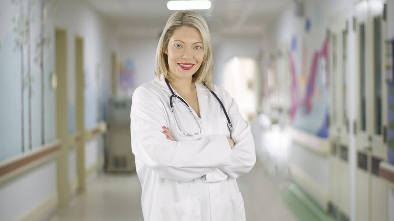 Uma médica loira atraente e feliz vira-se e sorri em um corredor de hospital.