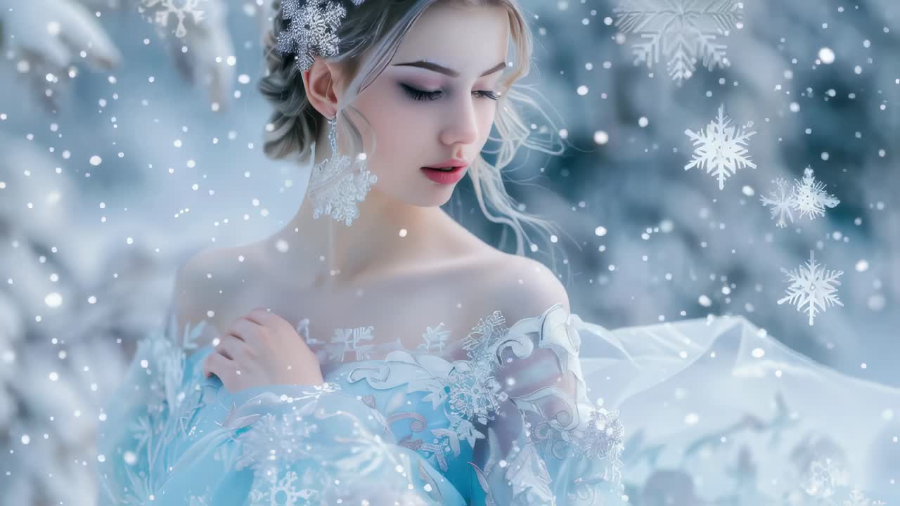 Beautiful woman with snowflake decorations in hair and dress posing in snowy forest during winter, creating a magical and enchanting atmosphere