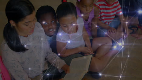 reading book to children, teacher surrounded by network connections animation