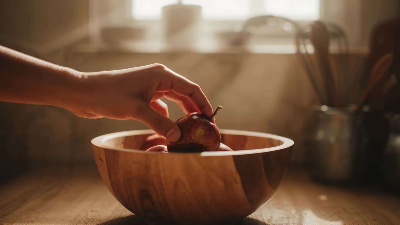 Reaching left hand lifting apple from wooden bowl by window with paper towel roll, taking snack