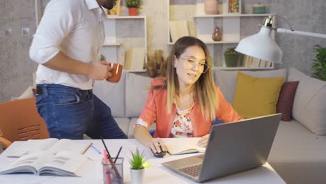 Su-Marido-Ayuda-A-La-Mujer-Que-Tiene-Dificultades-Con-Su-Trabajo.