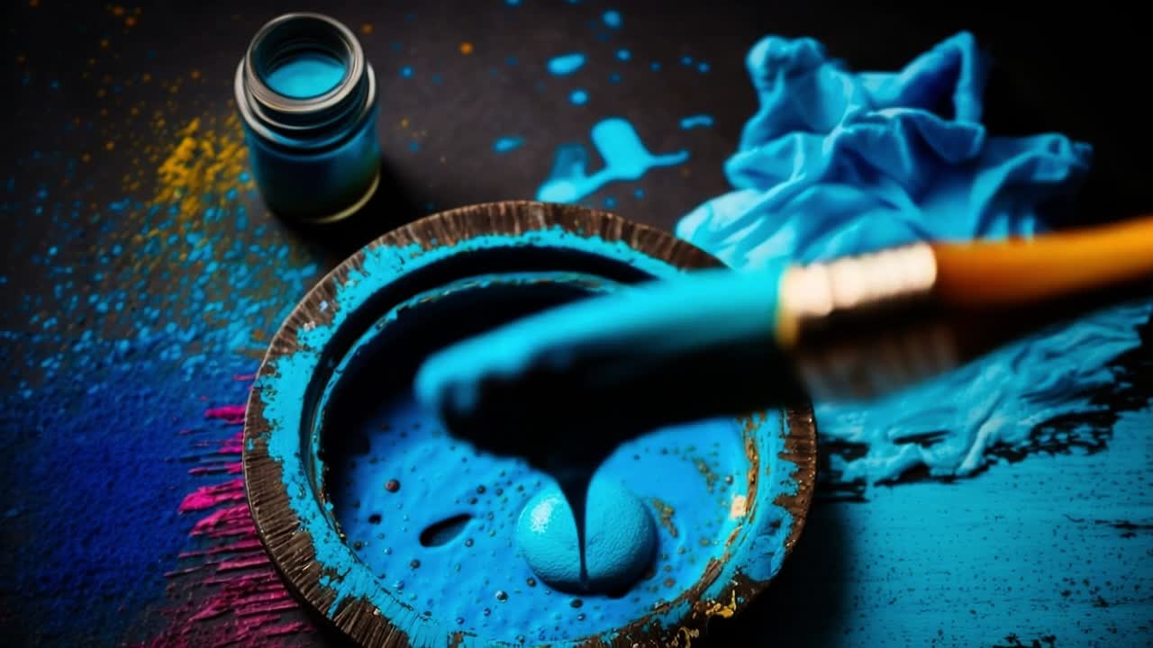 Creative process with vibrant blue paint. A hand holds a paintbrush dipped in bright blue paint, surrounded by colorful splashes, indicating a lively art session.