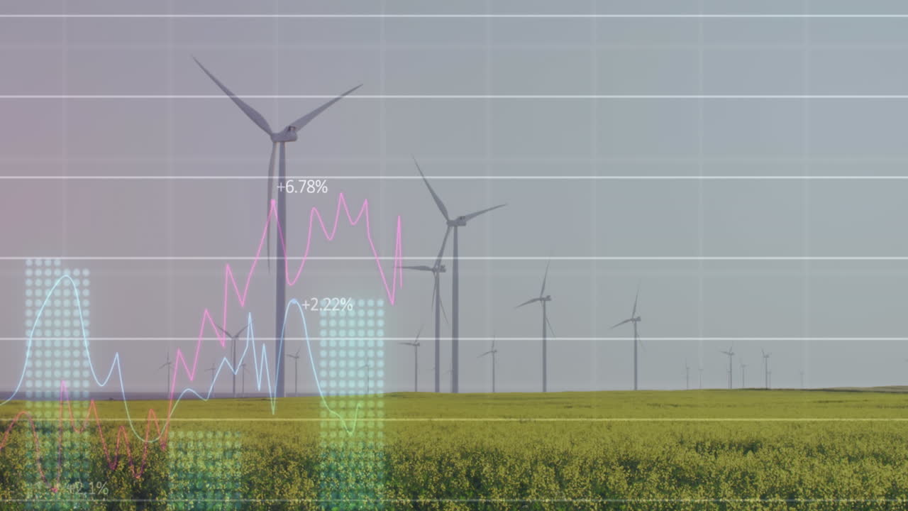 회색 하늘을 배경으로 초원에서 회전하는 풍차 위에서 통계 데이터 처리의 애니메이션