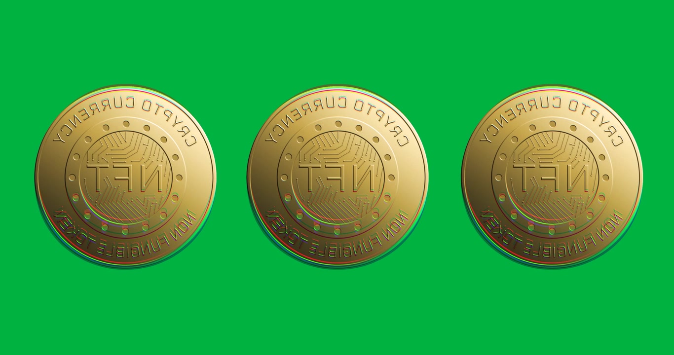 Animation of row of golden nft coins spinning over transparent background