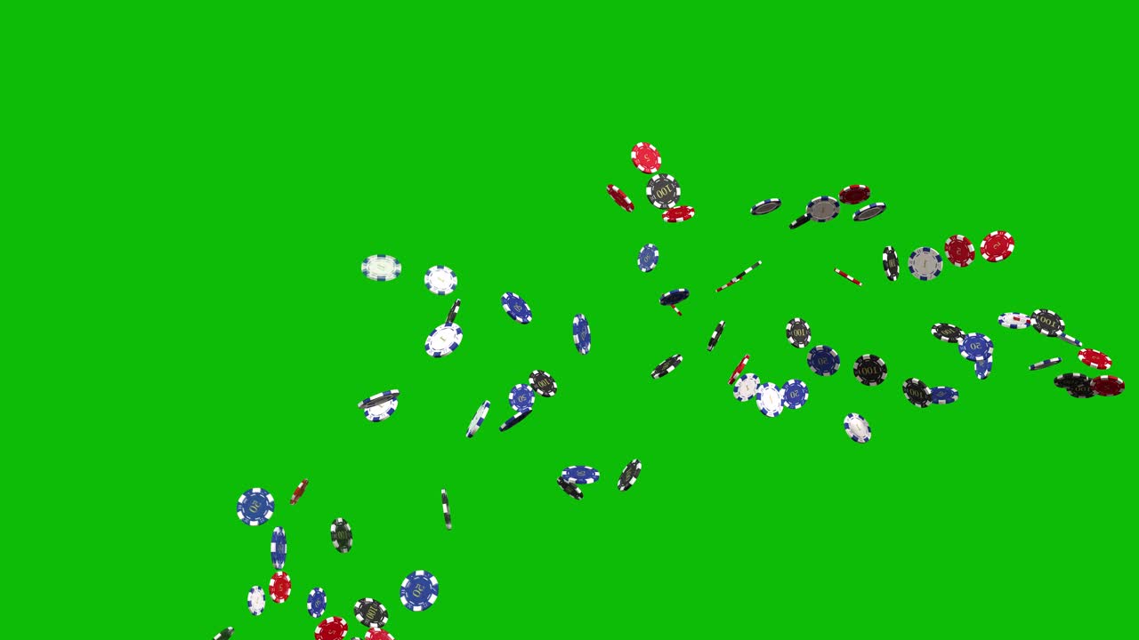 Casinomønter kastes op og falder ned fra højre side på grøn skærm 3D-animation, chip-jackpot, chip-fontæne