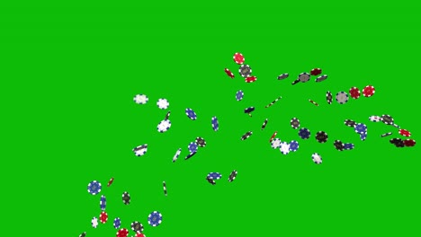 casino chips thrown up and falling down from right side on green screen 3d animation, chip jackpot, chip fountain