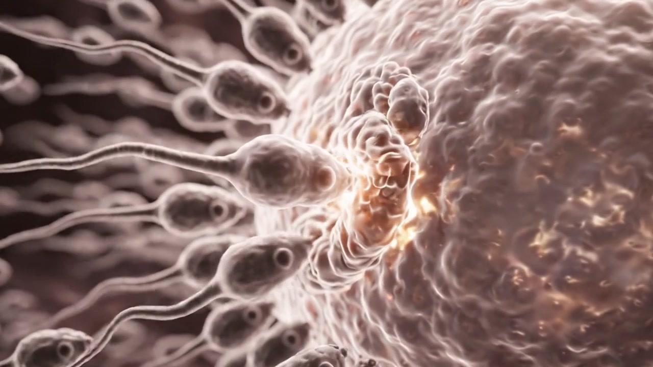Un incredibile viaggio visivo attraverso il processo di fecondazione, che raffigura l'intricata interazione tra spermatozoi e ovuli a livello microscopico.