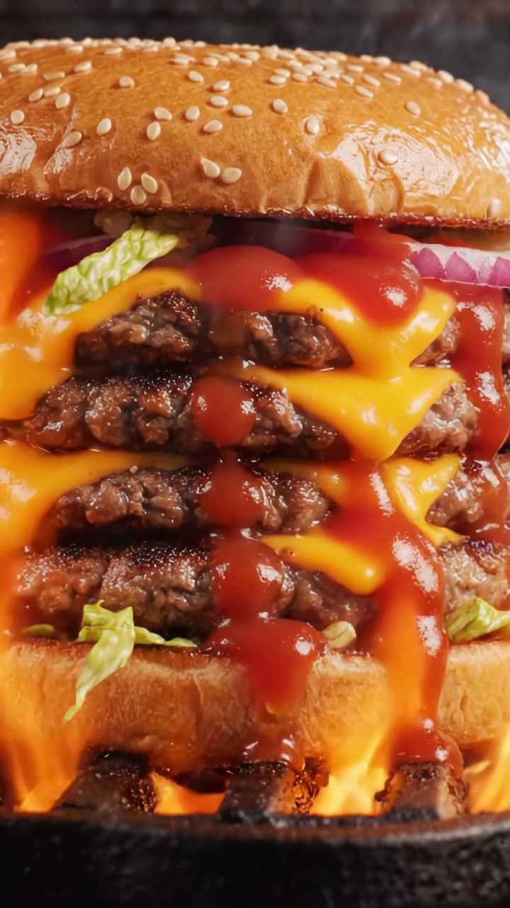 Un hamburger appetitoso e imponente con strati di succulenti hamburger di manzo, formaggio fuso, lattuga e ricchi condimenti, il tutto racchiuso tra un panino tostato con semi di sesamo.