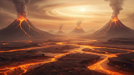 an awe-inspiring view of erupting volcanoes beneath a dramatic sky at sunset, featuring fiery lava flowing through blackened terrain and rising plumes of ash