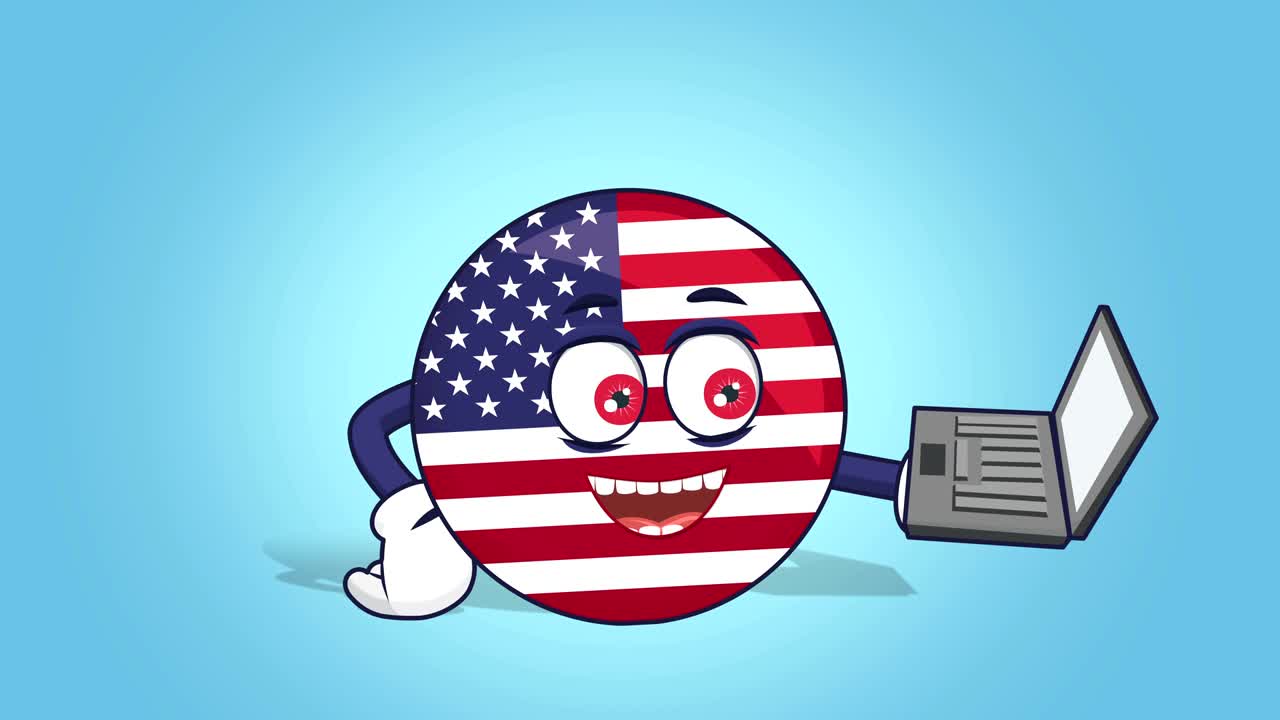 icono de dibujos animados bandera de los estados unidos de américa trabajo en portátil con animación facial