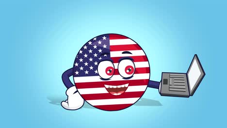 cartoon usa icon flag united states of america work on laptop with face animation