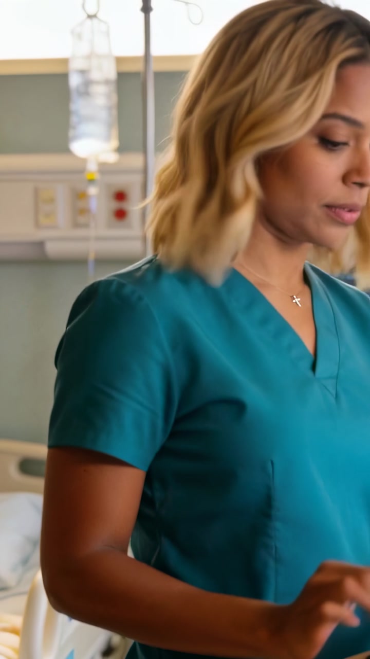 Vertical video: Checking nurse in teal scrubs entering tablet data at bedside, noticing IV bag