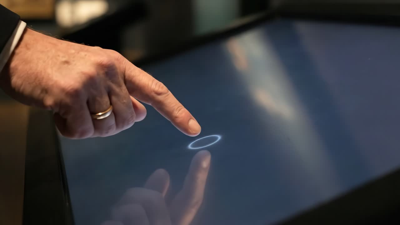Primo piano di una mano che tocca e scorre su un touchscreen interattivo