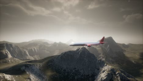 Passenger-aircraft-over-mountain-landscape