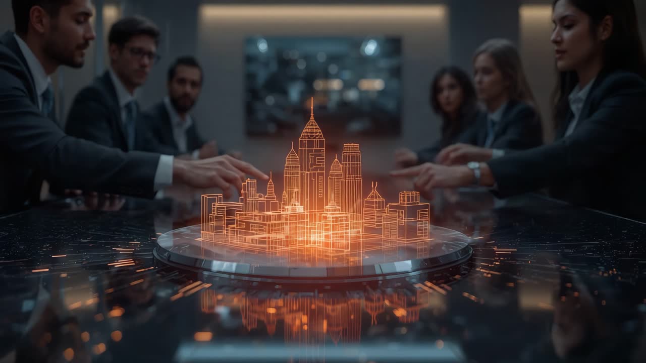 Business Meeting Discussing Futuristic City Planning with Hologram Projection