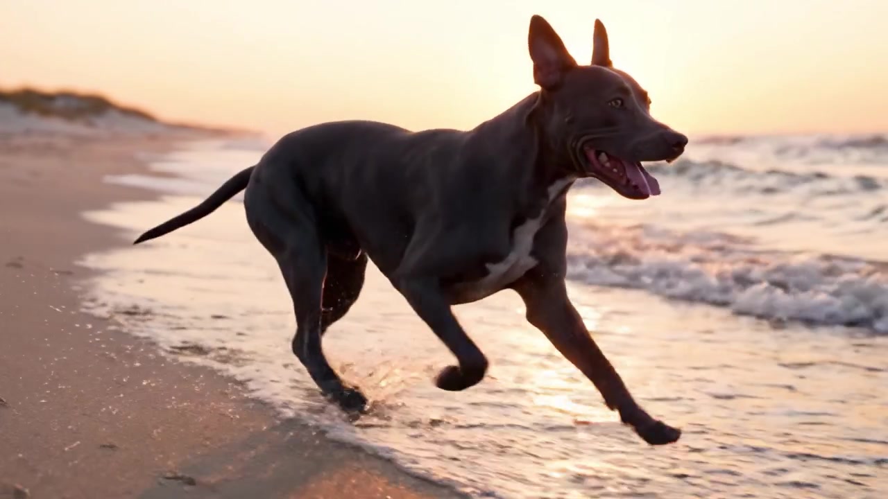 Un cane gioioso che corre lungo la spiaggia al tramonto, sguazzando giocosamente tra le onde leggere in uno splendido scenario costiero