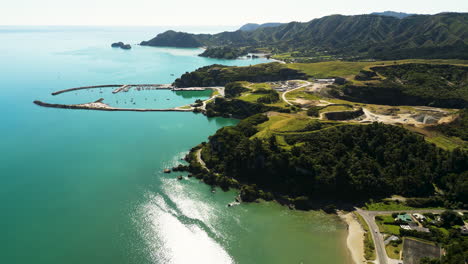 establishing aerial view of port tarakohe in tasman district, new zealand