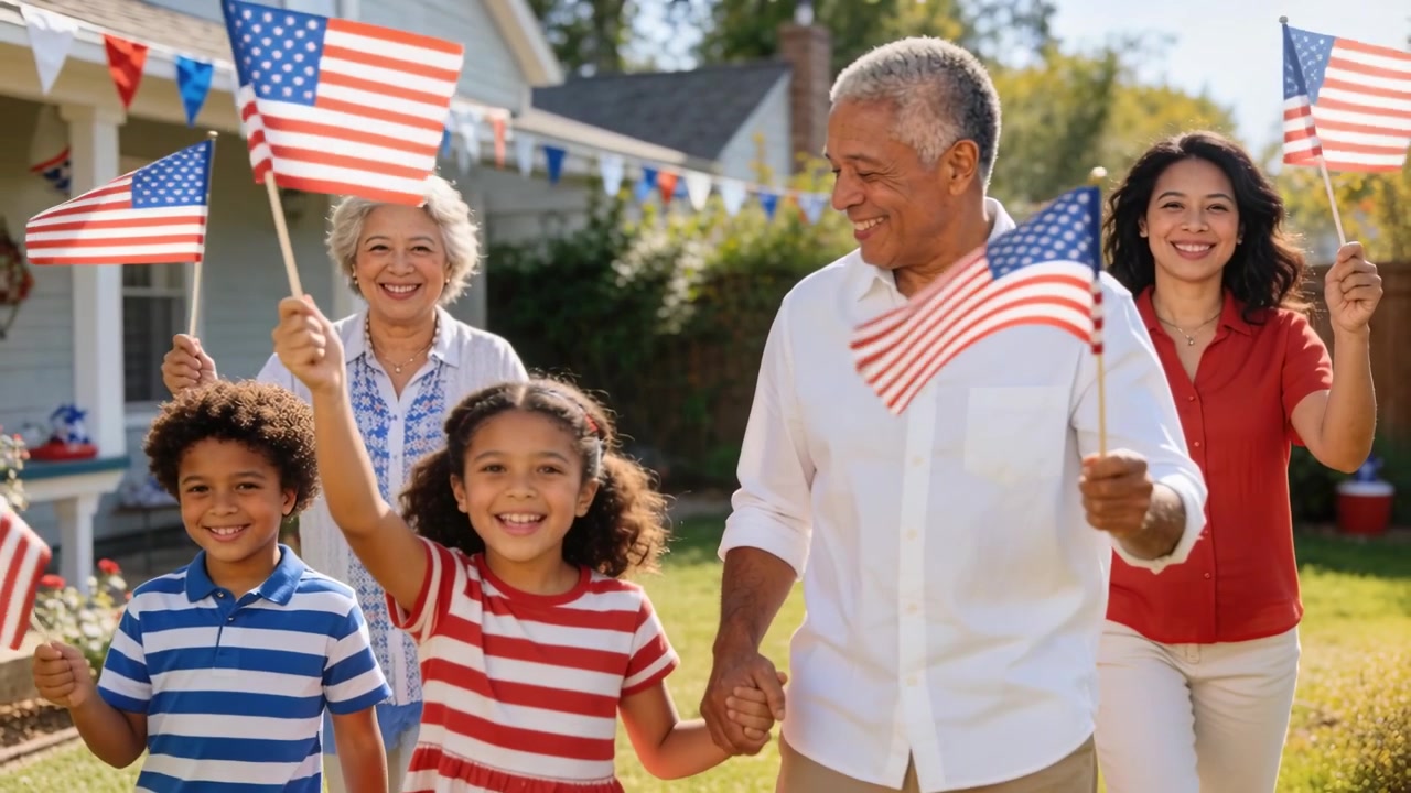 Walking family for holiday toward camera across front yard, waving American flags, kids in stripes