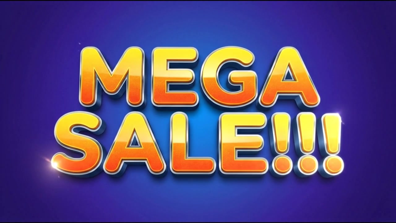 Animazione di banner testuale promozionale Mega Saldi con tipografia 3D vibrante.