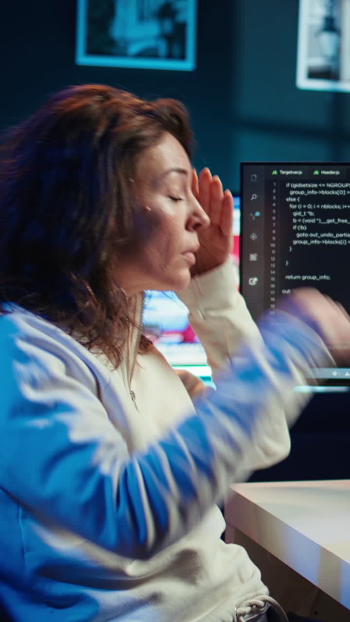 Vertical video Tired woman hurting from too much stress accumulated while coding