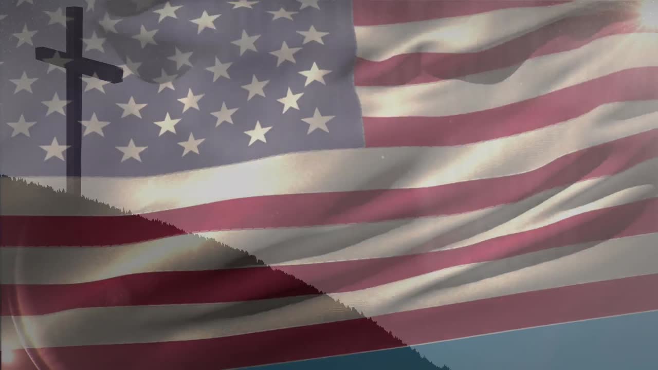 animación de la cruz cristiana y la bandera de los estados unidos de américa.