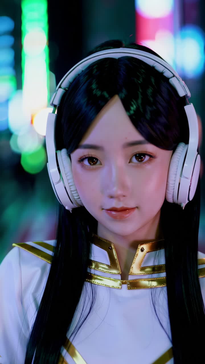 Young woman in cosplay with headphones in a city at night