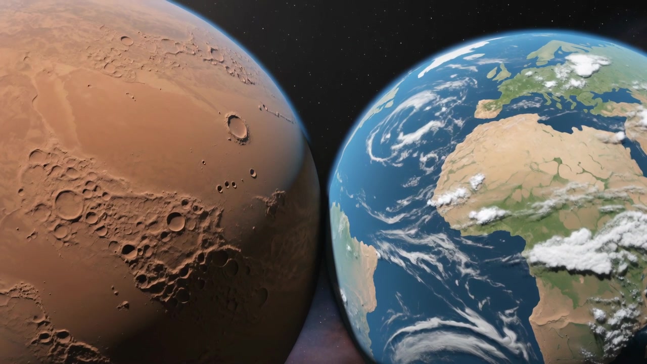 Showing red cratered and blue planets rotating while clouds shifting from perspective in starfield