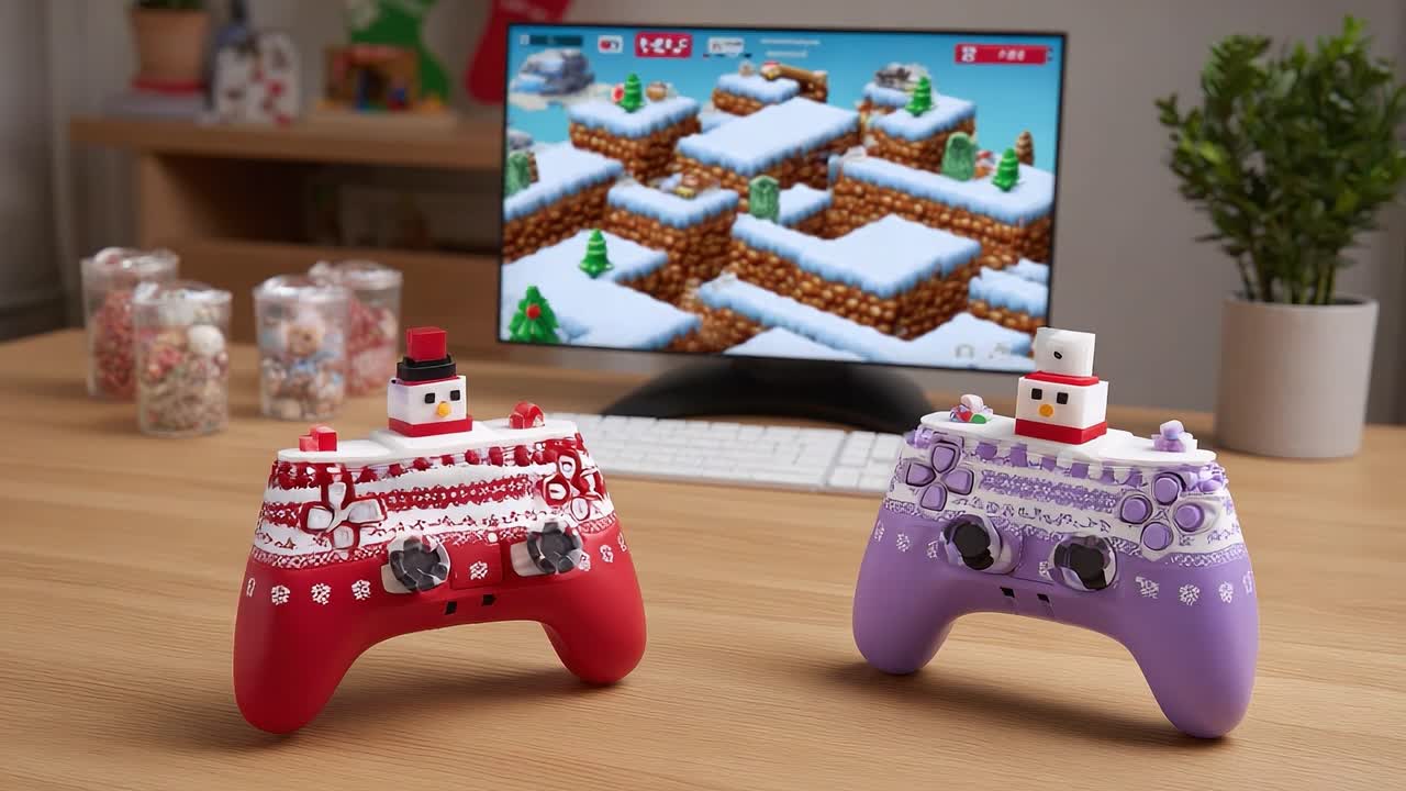 Festively Decorated Game Controllers on a Table with a Winter-themed Video Game Displayed on the Monitor, Perfect for Holiday Gaming Fun