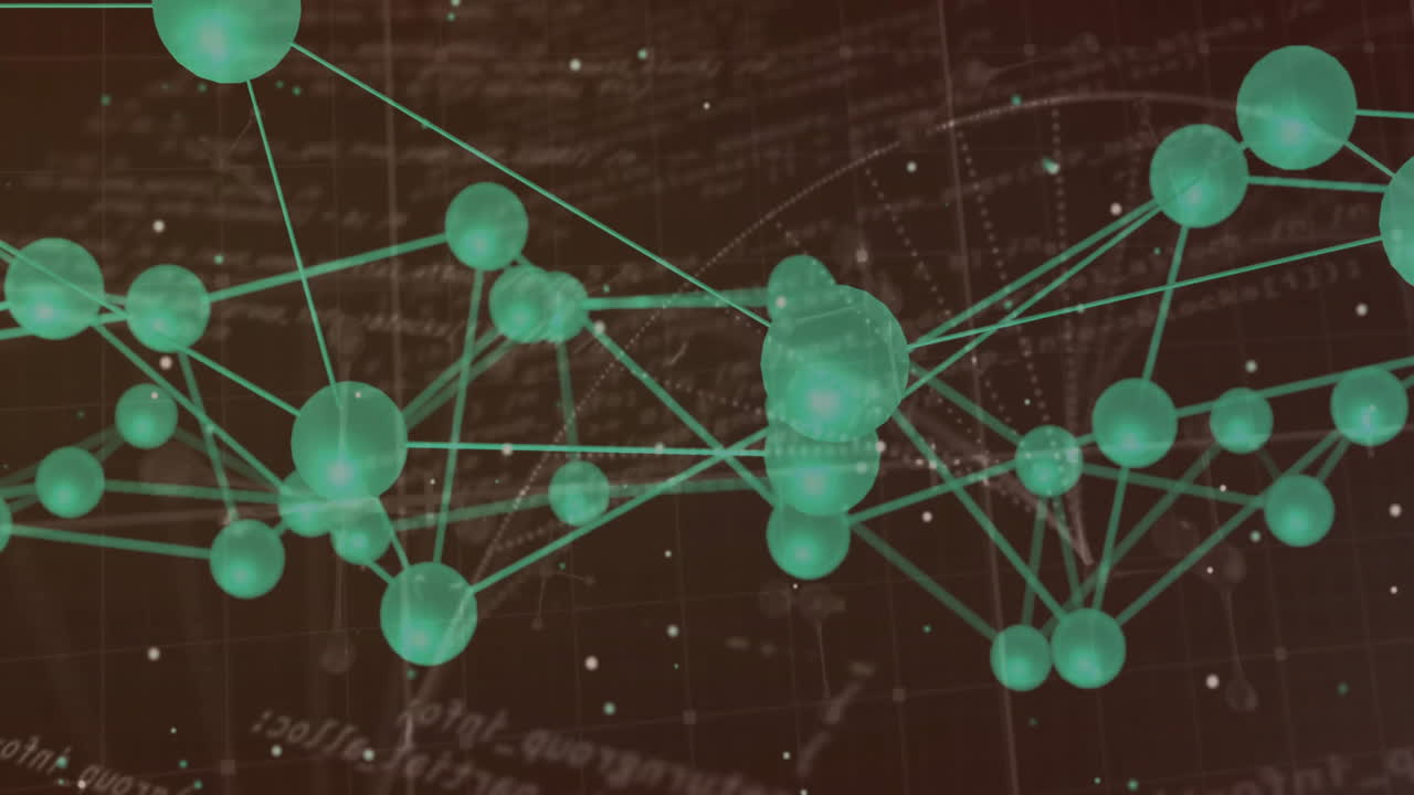 Glowing green spheres forming abstract network visualization on 3D grid featuring data formulas