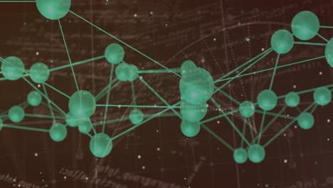 Glowing green spheres forming abstract network visualization on 3D grid featuring data formulas