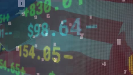 animación del procesamiento de datos financieros sobre la bandera estadounidense