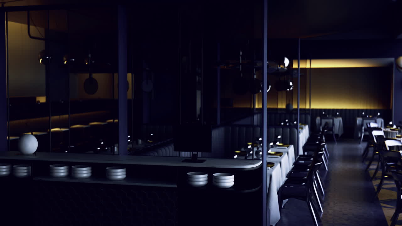 우아한 분위기에서 희미한 조명을 가진 우아하고 현대적인 식당