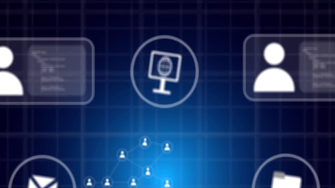 animación de la red de conexiones con iconos y procesamiento de datos sobre fondo azul