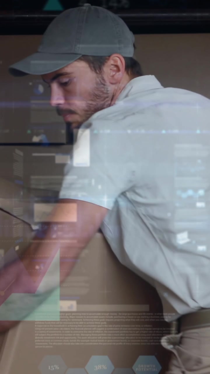 Animation of financial data processing over delivery man unloading car outside of warehouse