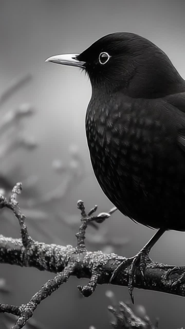 Un sorprendente uccello nero appollaiato su un ramo tra gocce di pioggia scintillanti, catturato in monocromia, che evidenzia le sue piume intricate e l'aspetto delicato.