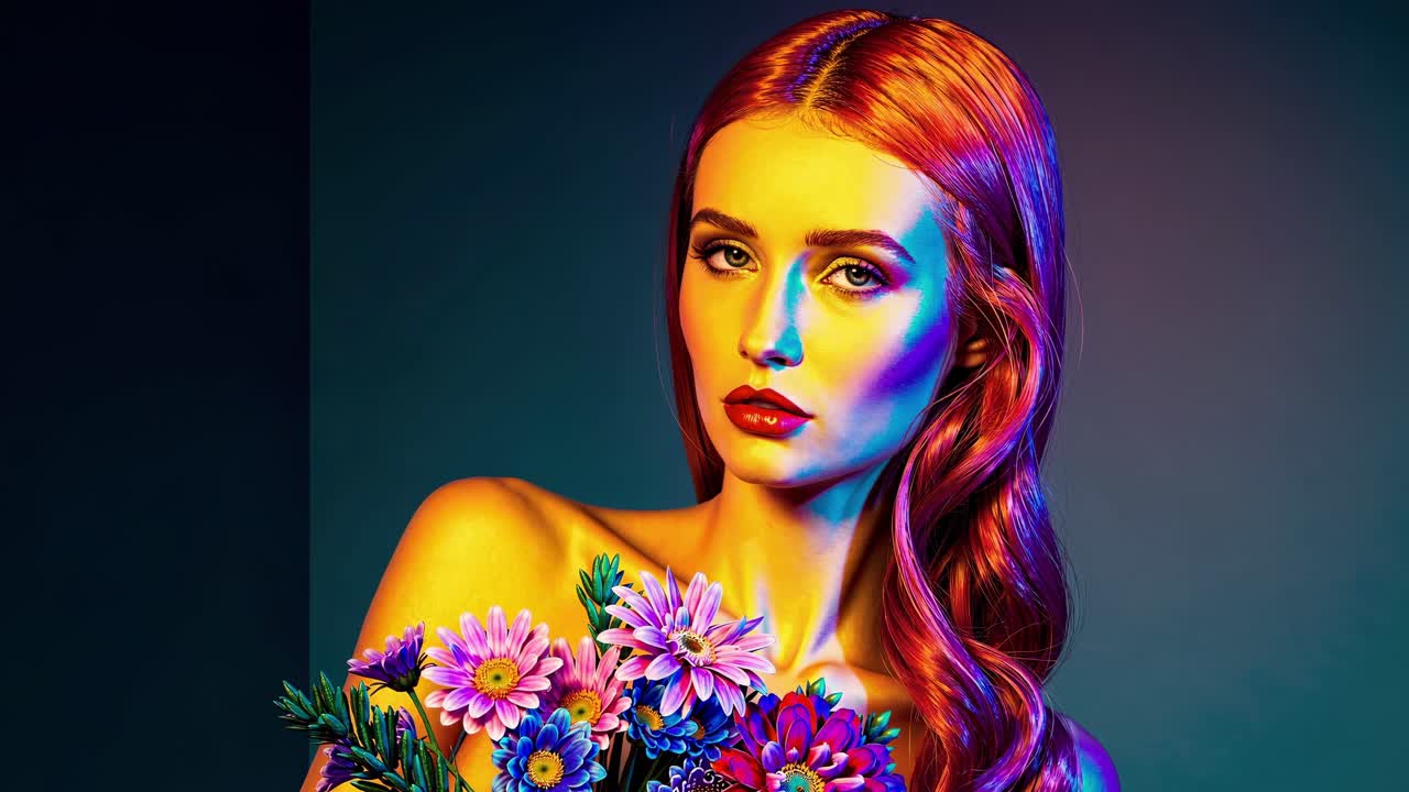 mujer joven con el cabello rojo que fluye posando en medio de arreglos florales coloridos, dramáticamente iluminados por una vibrante iluminación multicolor, destacando el retrato de estudio artístico