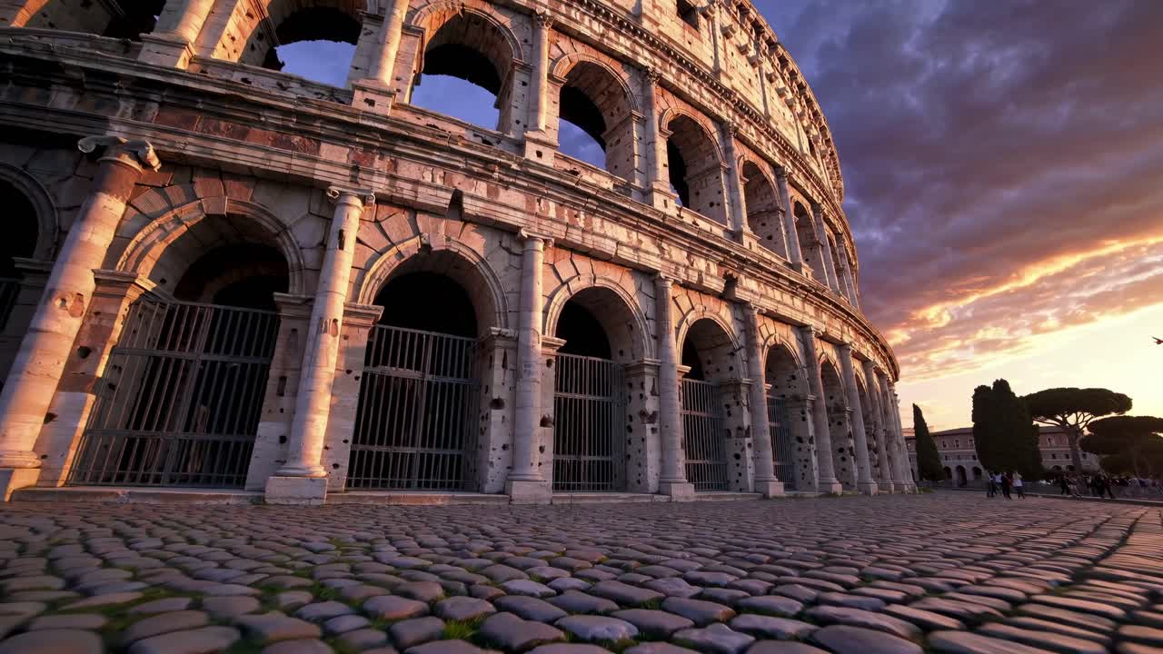 Low-angle video frame of the Colosseum at sunset, capturing its grandeur and ancient architecture