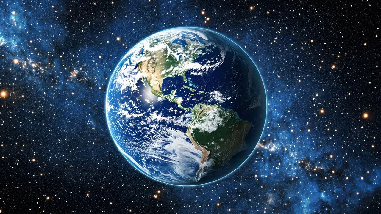 A video still of Earth from space, showcasing a vibrant, detailed view of continents and oceans