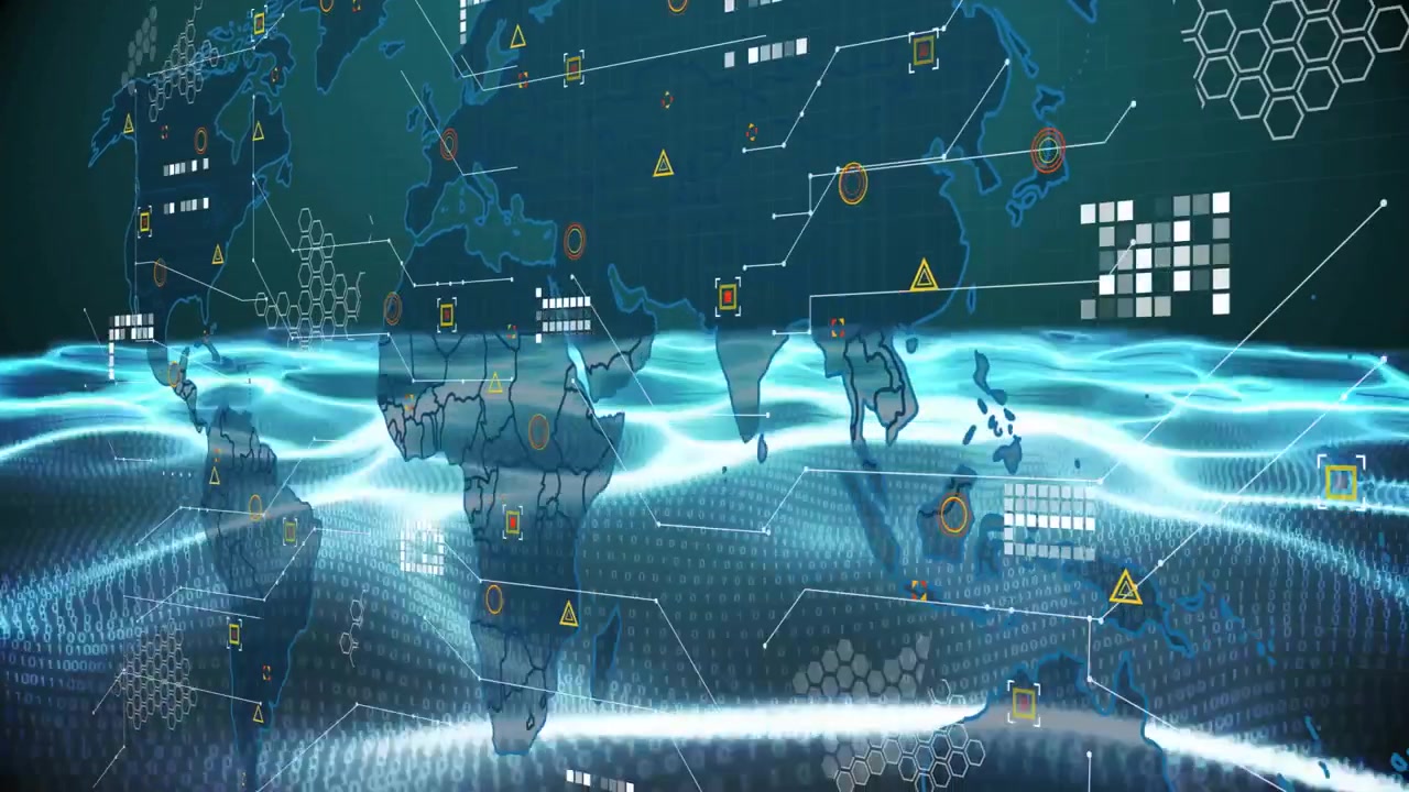 Triggered by sweeping wave grid, 3D map emerging, icons pulsing to visualize global connections