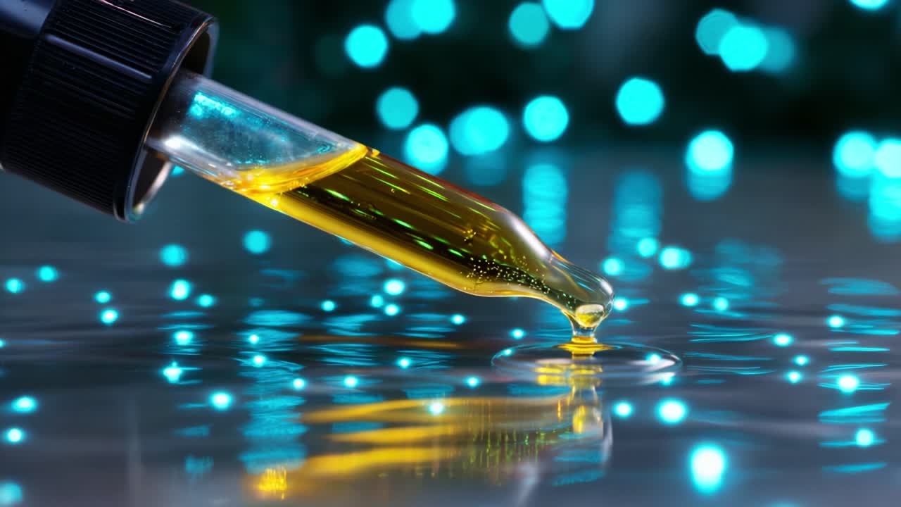 Close-up View of a Pipette Dripping Viscous Liquid into a Reflective Surface Surrounded by Soft Blue Lights, Creating an Aesthetic and Soothing Ambiance Perfect for Beauty and Wellness Contexts