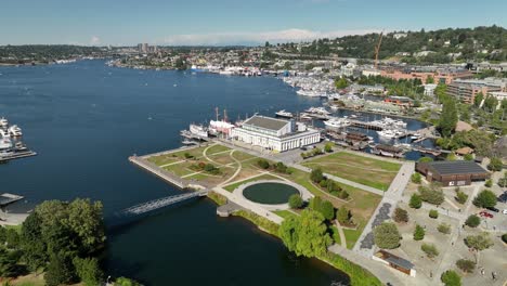 aerial shot of the center for wooden boats in seattle on a bright sunny day