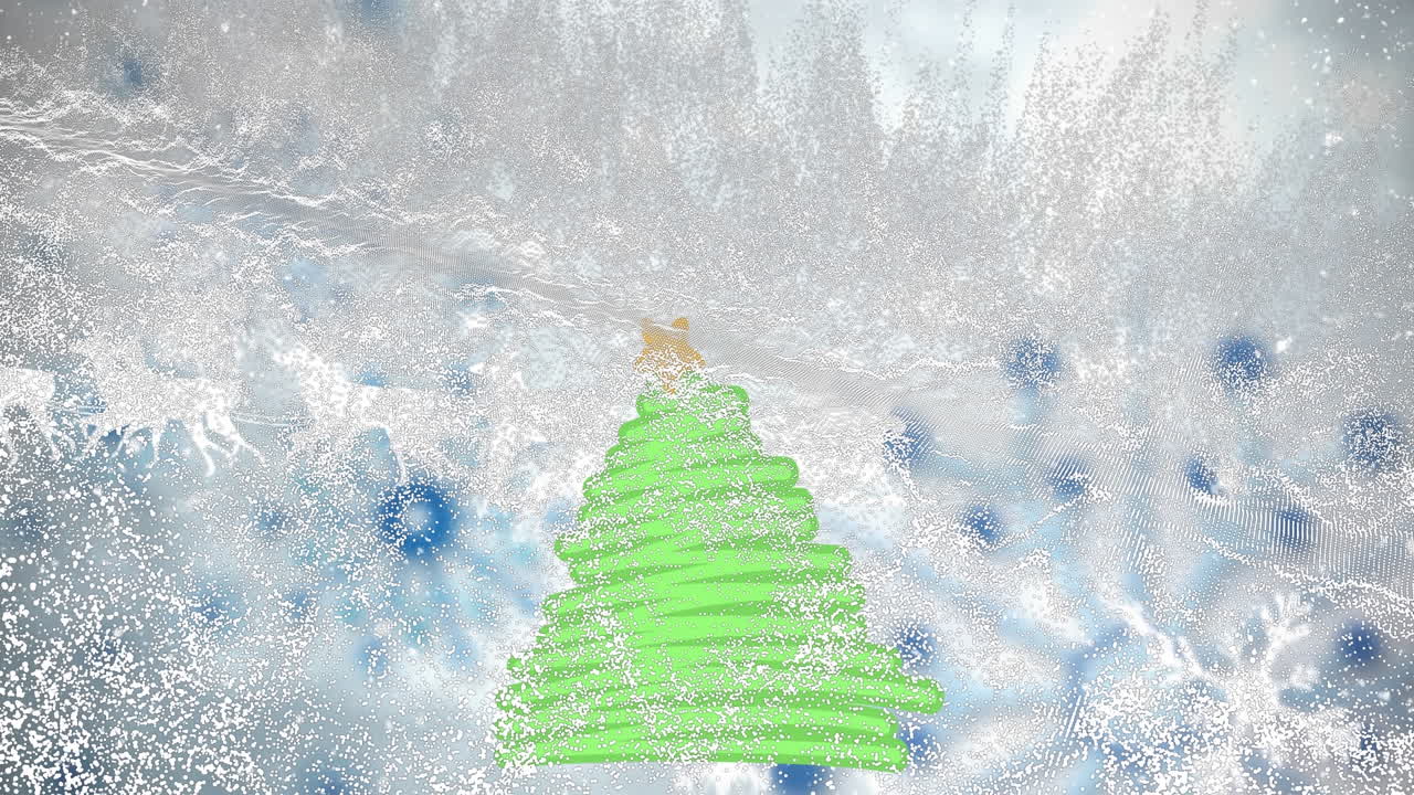 크리스마스 트리의 애니메이션, 산타클로스가 사과 함께 매를 타고 눈이 내리는 모습