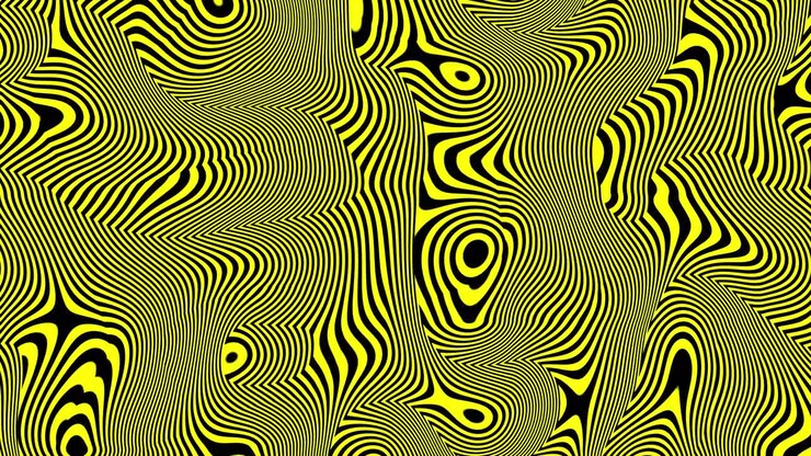 Swirling trippy lines animation visual effects with hypnotic psychedelic vibrant motion graphics flowing radiant shapes and shifting patterns creating an immersive illusion scene colour yellow gold