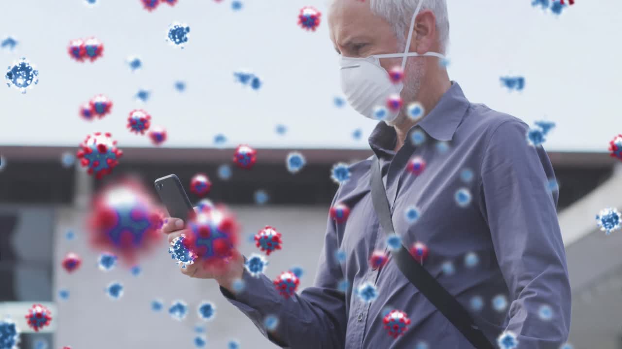 코로나19 세포의 애니메이션 시니어 남자가 마스크를 쓰고 있습니다.